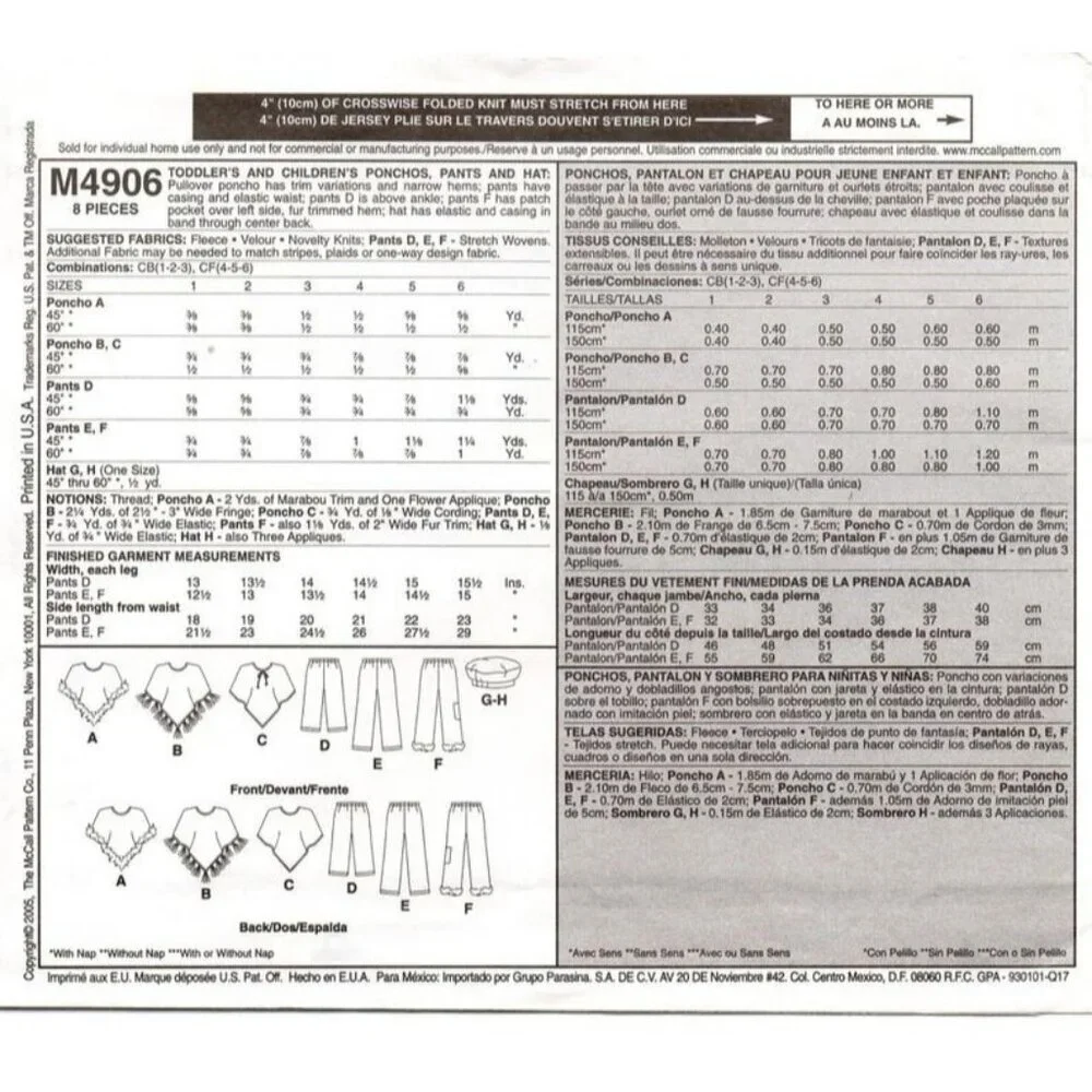 McCalls Sewing Pattern 4906 Ponchos Pants Hat‎ Child Size 1-3
